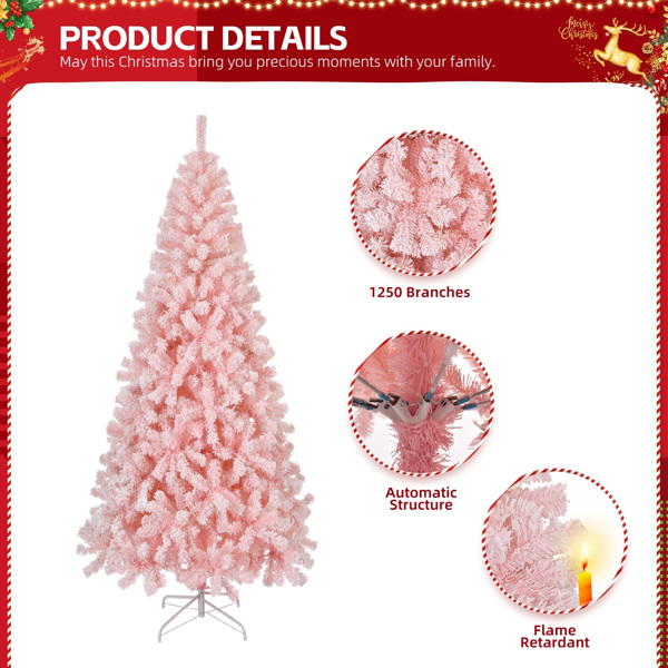 8 FT Snow Flocked Hinged Christmas Tree, Unlit Artificial Christmas Pine Tree with 1450 Branch Tips and Sturdy Metal Stand, Snowy Pink