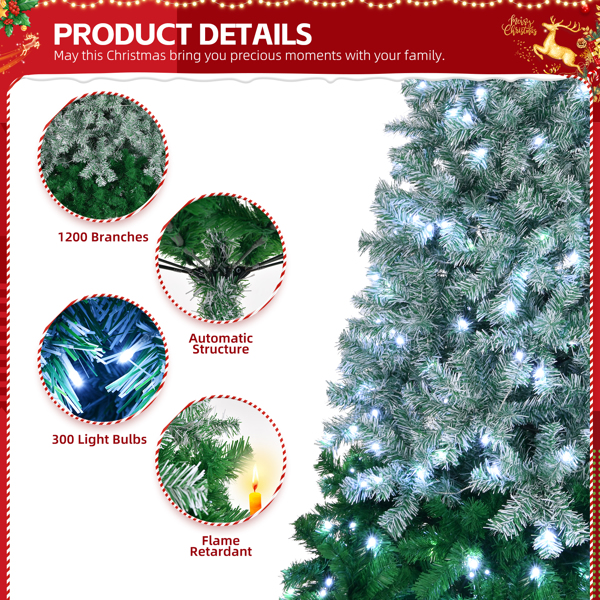 7.5 FT Gradient Design Pre-lit Artificial Christmas Tree, Hinged Xmas Pine Tree with 1200 Branch Tips, 300 Lights and Remote Control for Holiday Party Office Home, Green