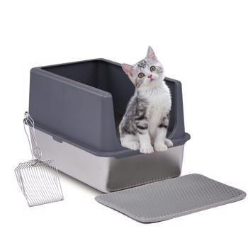 XL Stainless Steel Cat Litter Box with Lid, Extra Large Litter Pan with High Sides, Easy Cleaning, Include Double Layer Litter Mat and Scoop, Gray