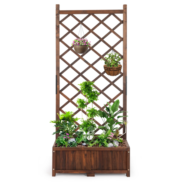 Wood Planter Raised Garden Bed with Trellis, 67 Inch Height Outdoor Garden Flower Standing Planter Box Lattice Panels with Planter for Patio Porch with Drainage Holes, Brown