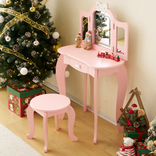 Kids Vanity Table and Chair Set, 2-in-1 Girls Vanity with Tri-Folding Mirror & 3-Color LED Lights, 1 Drawer, Pretend Play Makeup Dressing Princess Table for Toddlers, Pink