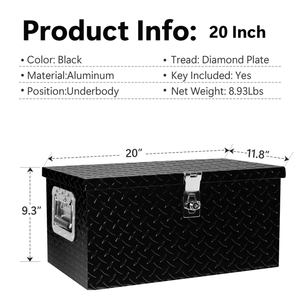 20 Inch Black Aluminum Tool long Box Tread Flat box for Truck Car Outdoor Trailer Pickup Underbody RV ATV Storage Tools Organizer with Lock Side Handle and Keys (20.1"×11.8"×9.3")