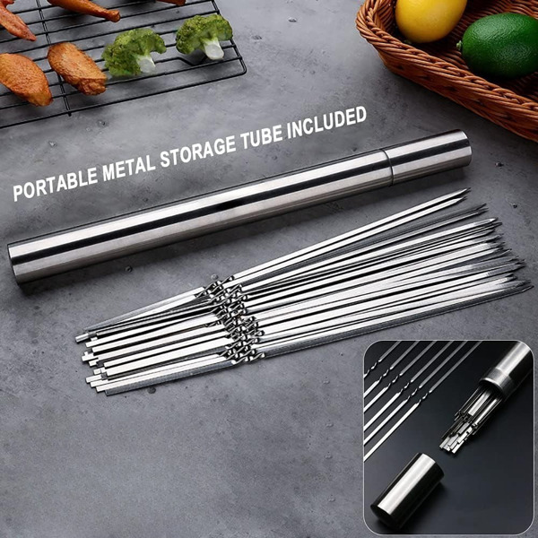 50 reusable 1.3mm thick barbecue skewers and 1 tube of barbecue storage, perfect for outdoor camping, picnicking, barbecuing, birthday party supplies, barbecue accessories