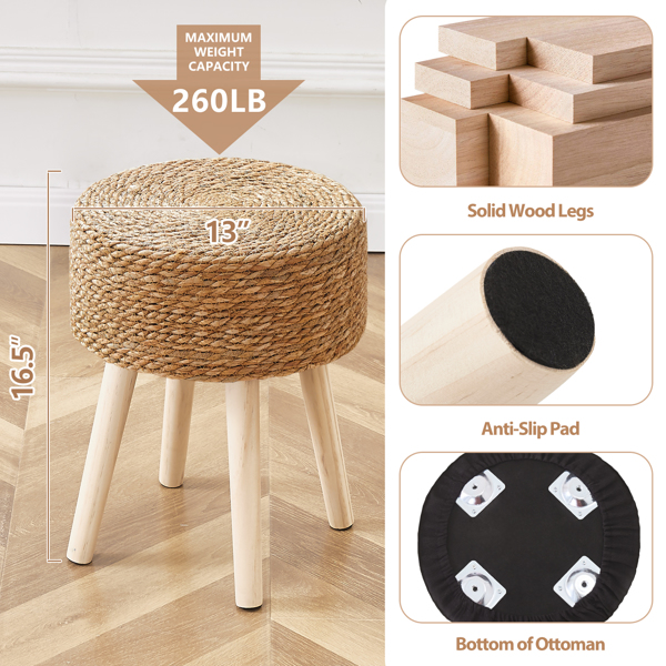 Round Ottoman Footstool Natural Seagrass Foot Stool Pouf Ottomans with Solid Wood Legs Hand Weave Hyacinth Footrest Step Stool for Living Room Balcony Garden Natural Seagrass