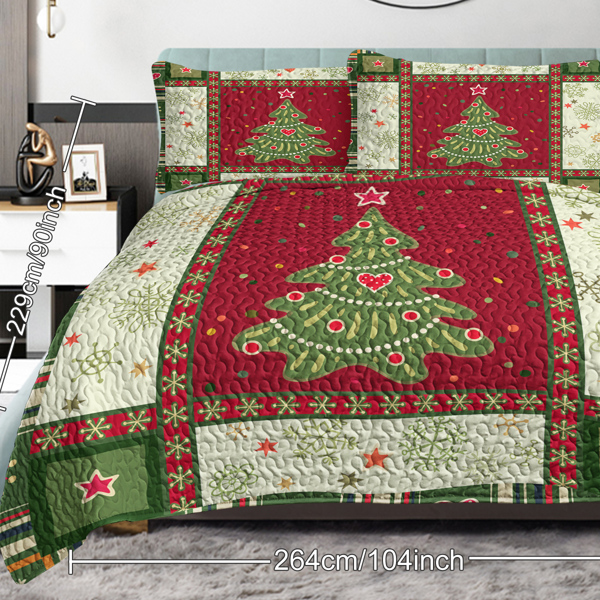 3 Piece Cute Christmas Tree Quilt Set Red Green Queen Size Snowflakes Pattern Bedspread Lightweight Coverlet Summer Comforter Set Bed Cover (1 Quilt+ 2 Shams)