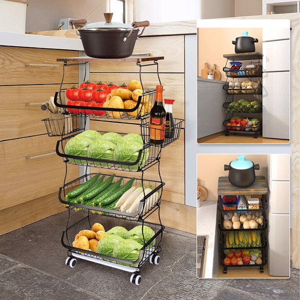 5-layer fruit basket, used for kitchen organizer and storage, stackable metal wire basket vertical cart, floor standing fruit rack basket with wheels