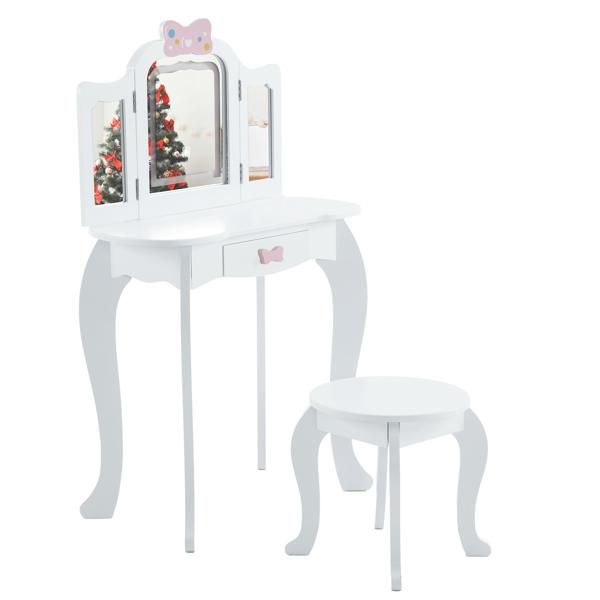 Kids Vanity Table and Chair Set, 2-in-1 Girls Vanity with Tri-Folding Mirror & 3-Color LED Lights, 1 Drawer, Pretend Play Makeup Dressing Princess Table for Toddlers, White