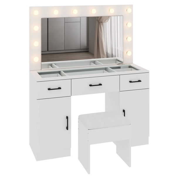 Vanity Desk Set with Large Lighted Mirror and Powre Outlet, Glass Top Makeup Vanity with 3 Drawers and 2 Cabinets, Vanity Table with 12 LED Lights, 3 Lighting Color Adjustable, White