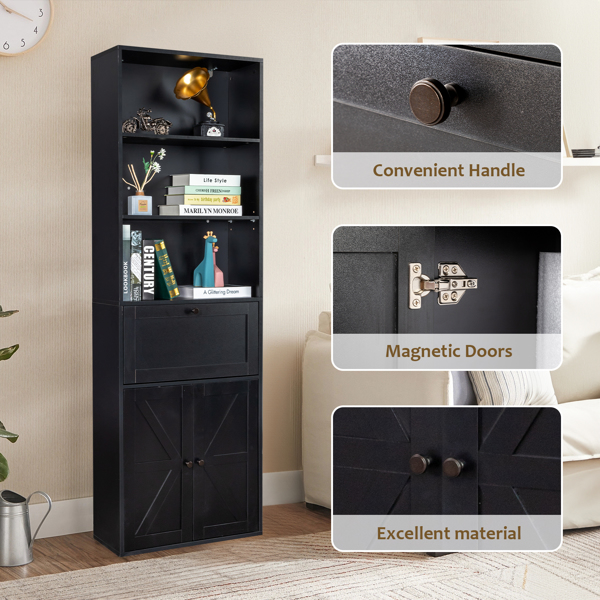 FCH 3-Layer 1 Drawer 2 Doors Double Z Shape Melamine Board 60*23.5*180cm Display Cabinet Black