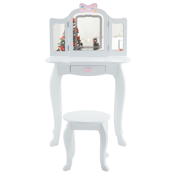 Kids Vanity Table and Chair Set, 2-in-1 Girls Vanity with Tri-Folding Mirror & 3-Color LED Lights, 1 Drawer, Pretend Play Makeup Dressing Princess Table for Toddlers, White