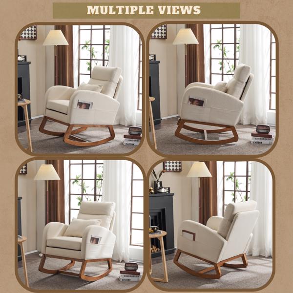 Beige Linen Nursery Rocking Chair with Thick Headrest,Mid-Century Modern Nursing Rocker,Upholstered Glider with Curved Armrest, Sturdy Solid Wood Base for Living Room, Bedroom, Baby Room