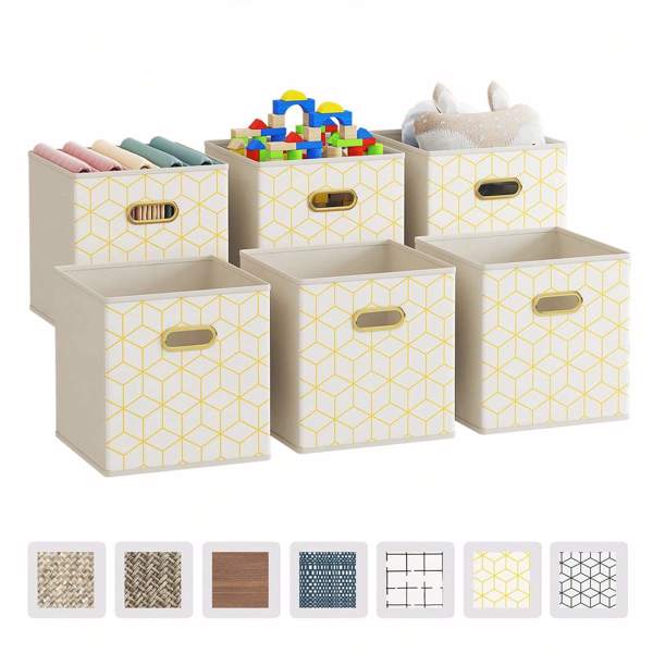 6 Pack Fabric Storage Cubes with Oval Grommets, Foldable 11 Inch Cube Storage Bins, Storage Baskets for Shelves, Storage Boxes for Organizing Closet Bins,Yellow