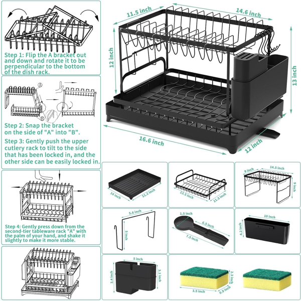 Tableware drying rack, 2nd floor large kitchen counter utensil drying rack, stainless steel utensil drying rack/knife/cup/cutting board with drainage board, black