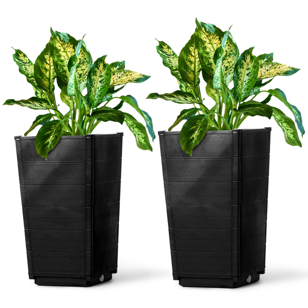 2 Pack Outdoor Tall Plastic Planter Set, Large Flower Pots with Drainage Holes, Durable Plant Pots for Porch Entryway Patio Yard Garden, Dark Brown