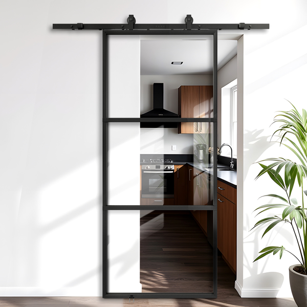 36 in.  x 84 in.     Glass Sliding Barn Door with  6FT Barn Door Hardware Kit & Soft Close Mechanism，Interior Clear Glass Black Steel Frame，Requires Simple DIY Assembly