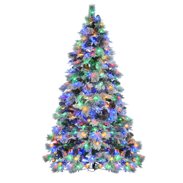 7.5FT Pre-Lit Spruce Snow Flocked Christmas Tree with Pine Cones, Artificial Xmas Tree with 745 Branch Tips,Mixed PE & PVC Branches, 450 Multi-Color LED Lights, 11 Flashing Modes, Holiday Decor