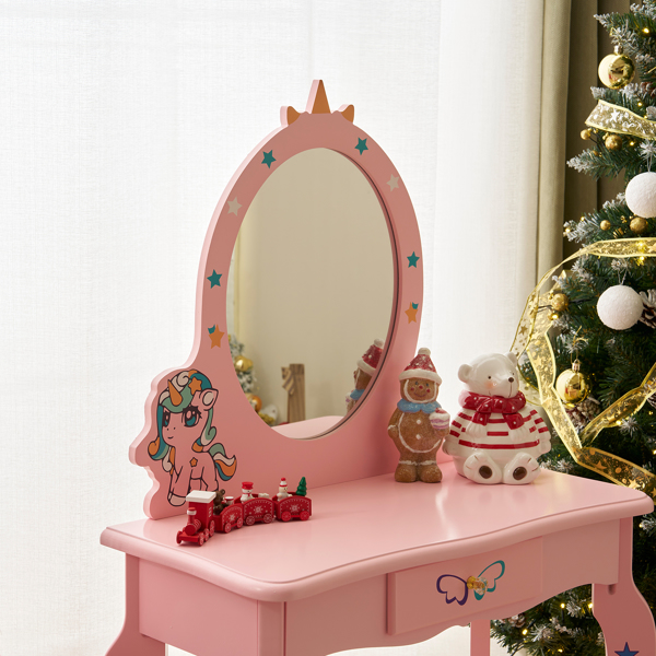 Kids Vanity Table and Chair Set, Girls Vanity with Mirror & Stool, Cute Unicorn Design, Pretend Play Makeup Dressing Princess Table for Toddlers, Pink