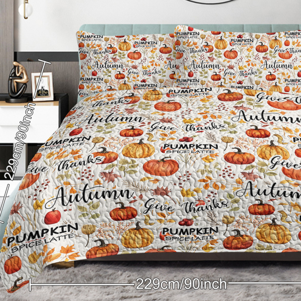 Pumpkin Autumn Leaves Design Quilt Set 3 Pieces Queen Size All Seasons Bedding Quilt Bed Set with 2 Pillowcases for Kids Teens Adults Bedroom Decor Thanksgiving