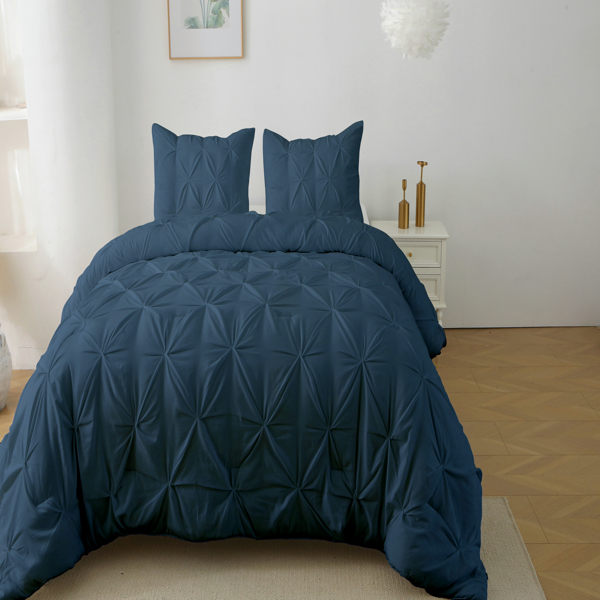 Queen Comforter Set, 3 Pieces Pintuck Bedding Set with 1 Down Alternative Comforter and 2 Pillow Shams, Navy