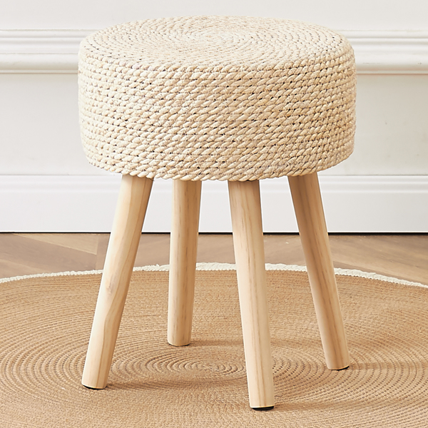 Round Ottoman Footstool Natural Seagrass Foot Stool Pouf Ottomans with Solid Wood Legs Hand Weave Hyacinth Footrest Step Stool for Living Room Balcony Garden Natural