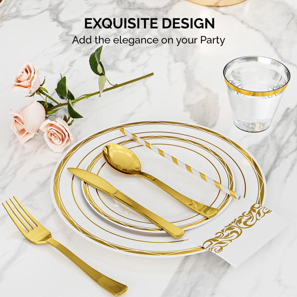 50 sets of flat plastic circular gold disposable tableware with size plates, cups, knives, forks, tissues, straws included