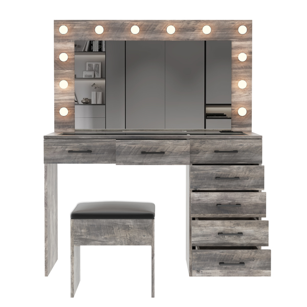 Vanity Desk Set with Large Lighted Mirror and Powre Outlet, Glass Top Makeup Vanity with 7 Drawers, Vanity Table with 12 LED Lights, 3 Lighting Color Adjustable, Grey