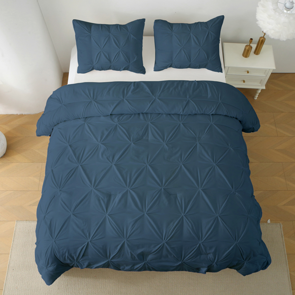 Queen Comforter Set, 3 Pieces Pintuck Bedding Set with 1 Down Alternative Comforter and 2 Pillow Shams, Navy