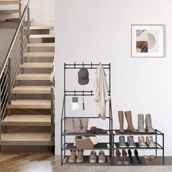 5-layer shoe rack, suitable for entrances, narrow shoe racks, jackets, and shoe racks, with 8 hooks