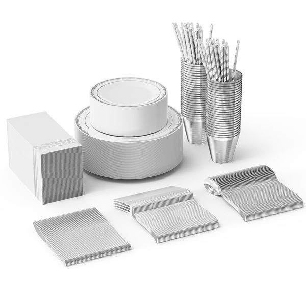 50 sets of flat plastic circular silver disposable tableware, including size plates, cups, knives, forks, tissues, straws