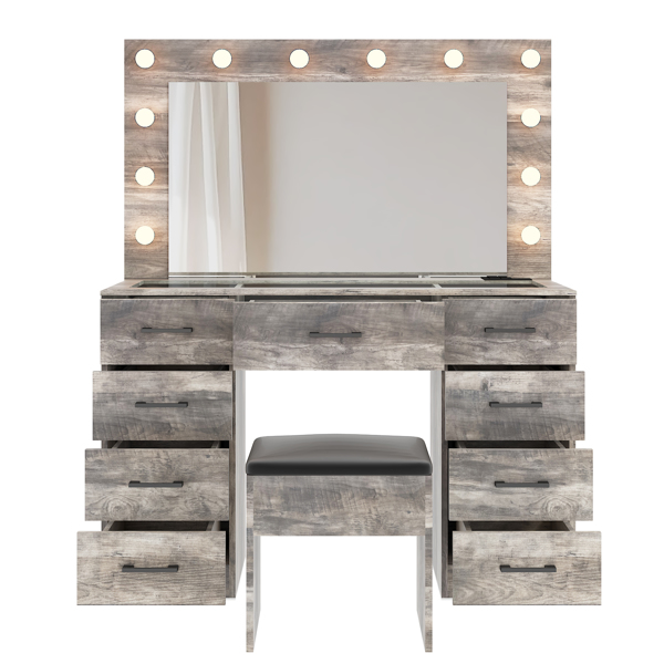 Vanity Desk Set with Large Lighted Mirror and Powre Outlet, Glass Top Makeup Vanity with 9 Drawers, Vanity Table with 12 LED Lights, 3 Lighting Color Adjustable, Grey