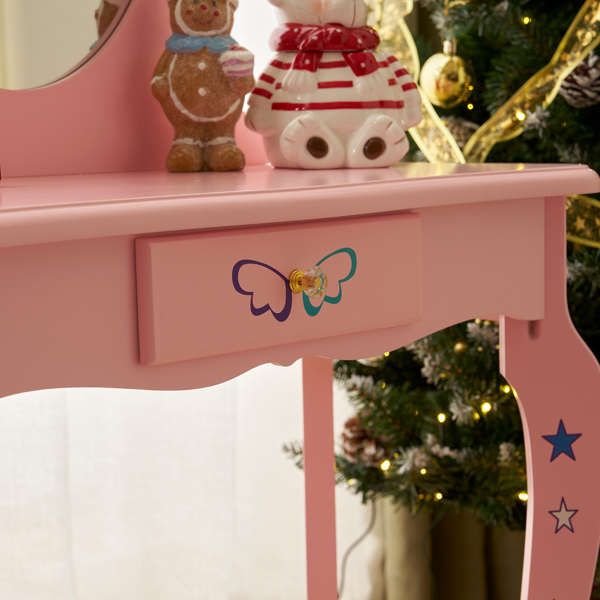 Kids Vanity Table and Chair Set, Girls Vanity with Mirror & Stool, Cute Unicorn Design, Pretend Play Makeup Dressing Princess Table for Toddlers, Pink