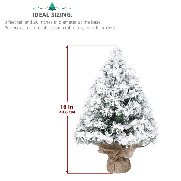 16 in Snow Flocked Pre-lit Artificial Mini Christmas Tree, Tabletop Small Xmas Pine Tree with Ornaments and 30 Warm Lights Battery Operated and Cloth Bag Base for Home Office Store Holiday Deco, Snowy