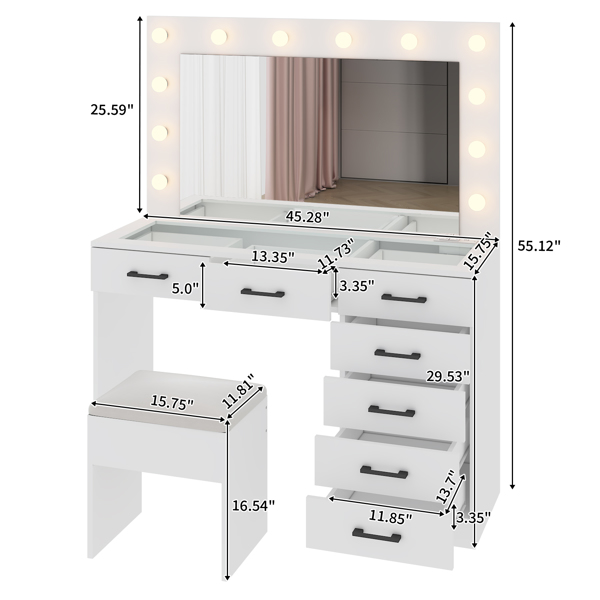 Vanity Desk Set with Large Lighted Mirror and Powre Outlet, Glass Top Makeup Vanity with 7 Drawers, Vanity Table with 12 LED Lights, 3 Lighting Color Adjustable, White