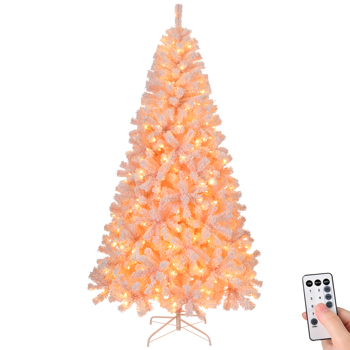 8 FT Pre-lit Snow Flocked Christmas Tree, Artificial Hinged Xmas Pine Tree with 1250 Branch Tips, 500 Lights and Remote Control for Holiday Party Office Home, Snowy Pink