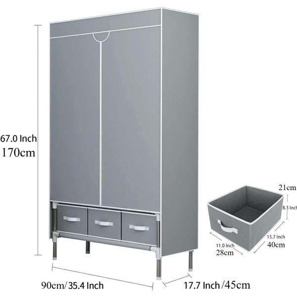 Portable Clothes Closet Rolling Door Wardrobe with Hanging Rack Non-Woven Fabric Storage Organizer with Three Drawer Boxes No-Tool Assembly - 35.4 x 17.7 x 67.0 in (Gray)