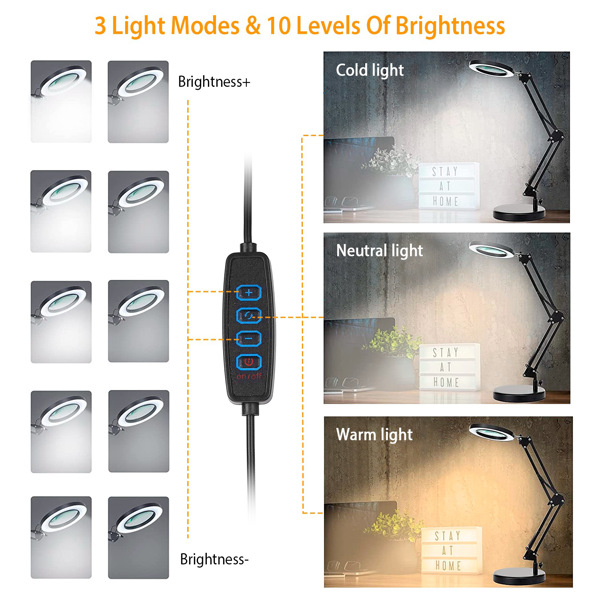 2-in-1 LED Magnifier Desk Lamp 8x Magnifying Glass with Light Swing Arm Desk Table Light USB Reading Lamp with Clamp Stand 10 Brightness 3 Modes