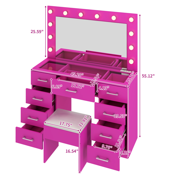 Vanity Desk Set with Large Lighted Mirror and Powre Outlet, Glass Top Makeup Vanity with 9 Drawers, Vanity Table with 12 LED Lights, 3 Lighting Color Adjustable, Pink