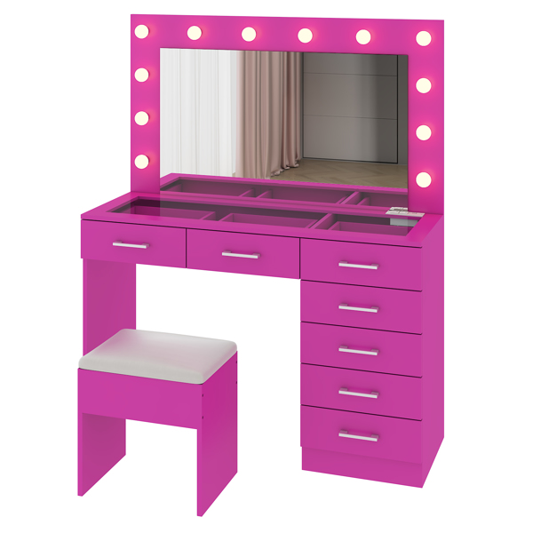 Vanity Desk Set with Large Lighted Mirror and Powre Outlet, Glass Top Makeup Vanity with 7 Drawers, Vanity Table with 12 LED Lights, 3 Lighting Color Adjustable, Pink