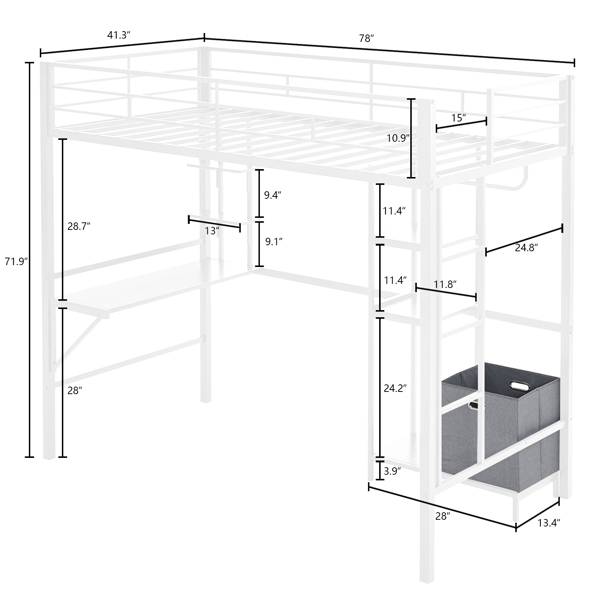 Twin Size Metal Loft Bed with Desk and Storage Shelves, Full-length Guardrails, Loft Bed Frame for Teens Juniors Adults, Noise Free, No Box Spring Needed, White