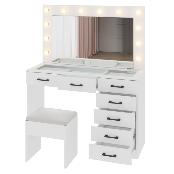 Vanity Desk Set with Large Lighted Mirror and Powre Outlet, Glass Top Makeup Vanity with 7 Drawers, Vanity Table with 12 LED Lights, 3 Lighting Color Adjustable, White