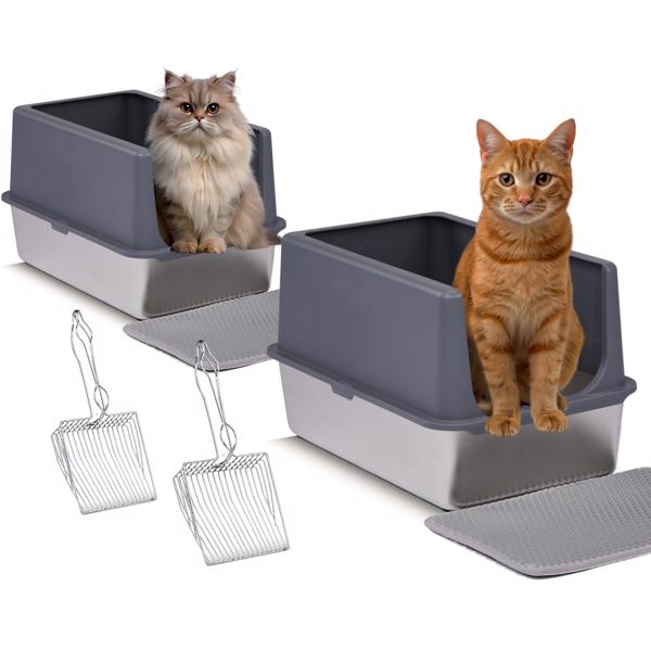 2 Pack XL Stainless Steel Cat Litter Box with Lid, Extra Large Litter Pan with High Sides, Easy Cleaning, Include Double Layer Litter Mat and Scoop, Gray