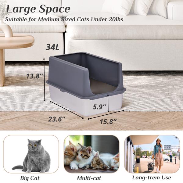 XL Stainless Steel Cat Litter Box with Lid, Extra Large Litter Pan with High Sides, Easy Cleaning, Include Double Layer Litter Mat and Scoop, Gray