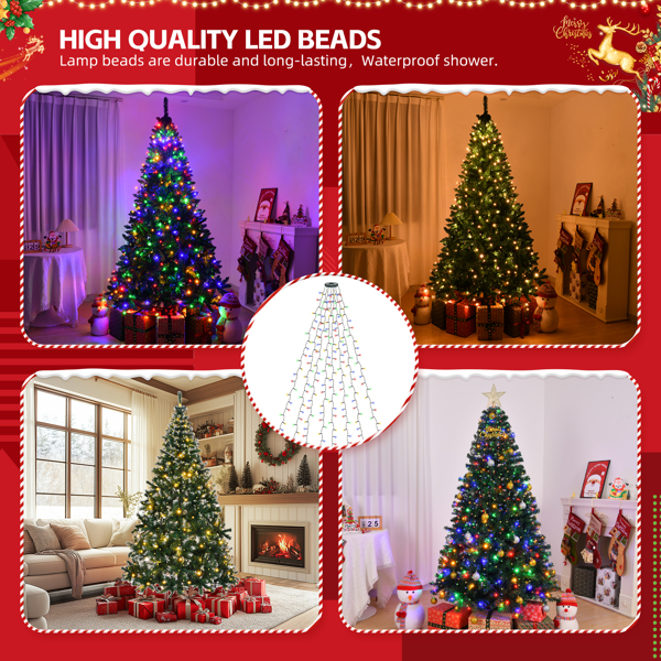 150cm Christmas Tree Lights with Ring, 200 LED Xmas String Lights with Warm White & Colorful Light, 11 Modes and Remote Control for Christmas Party Decorations