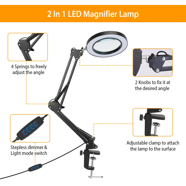 2-in-1 LED Magnifier Desk Lamp 8x Magnifying Glass with Light Swing Arm Desk Table Light USB Reading Lamp with Clamp Stand 10 Brightness 3 Modes