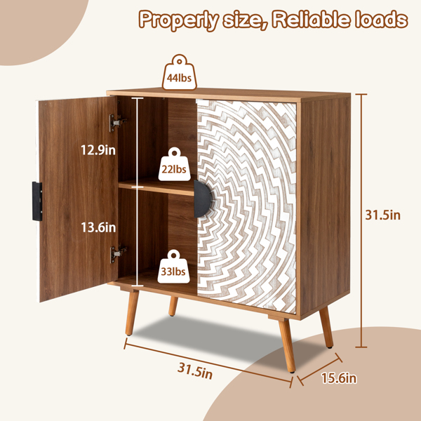 FCH Pattern Carving, High Legs, Door Panel, MDF Spray Paint, Cabinet Body, Melamine Board, Sideboard, 80*39.5*80cm, Original Wood Cabinet Body, White Pattern Door Panel, Bohemian Style