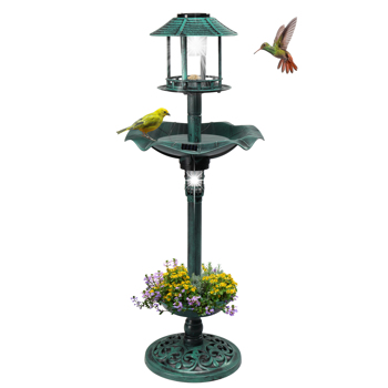 Outdoor Solar Lighted Pedestal Bird Bath Resin Fountain Decoration with Planter and Feeder, Decorative Vintage Bird Feeder for Garden Yard, Green