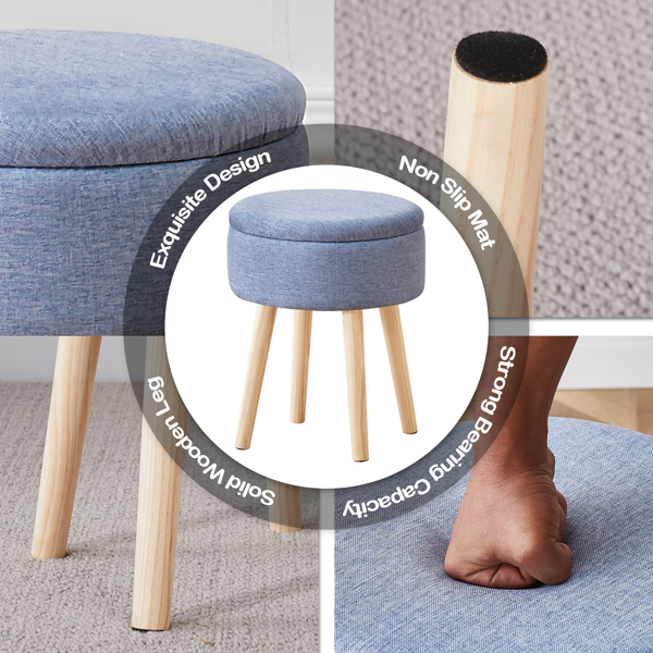 Storage Ottoman Linen Round Vanity Stool Tray Top Modern Foot Stool with Wood Legs Multifunctional Upholstered Foot Ottoman Rest for Living Room, Bathroom, Makeup Blue