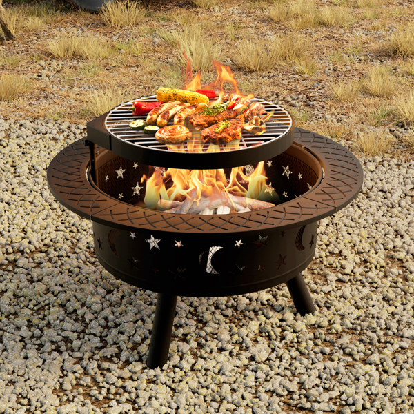 35 Inch Outdoor Wood Burning Fire Pits, Metal Round Bonfire Firepit with Grill Grate for Backyard, Patio