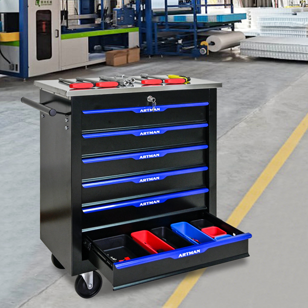 6 DRAWERS MULTIFUNCTIONAL TOOL CART WITH WHEELS-BLACK+BLUE