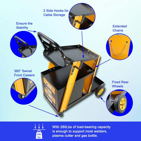 Multi-function welder trolley, MIG TIG ARC plasma cutter storage tank with 2 safety chains, portable 4-drawer chest, weight 280 LBS